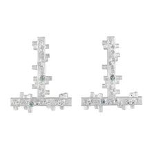 Load image into Gallery viewer, Large geometric silver earrings: square tube shapes and green sapphires | Colony Collection | Margo Orlovik Contemporary Jewellery
