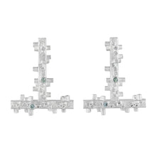 Load image into Gallery viewer, Large geometric silver earrings: square tube shapes and green sapphires | Colony Collection | Margo Orlovik Contemporary Jewellery