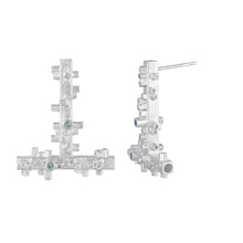 Load image into Gallery viewer, Large geometric silver earrings: square tube shapes and green sapphires side view | Colony Collection | Margo Orlovik Contemporary Jewellery