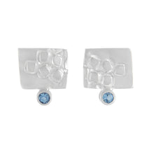 Load image into Gallery viewer, Small rectangular silver stud earrings with square pattern and 2mm AAAA aquamarines | Imprint Collection | Margo Orlovik