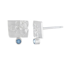 Load image into Gallery viewer, Small rectangular silver stud earrings with square pattern and 2mm AAAA aquamarines side view | Imprint Collection | Margo Orlovik
