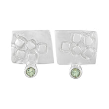 Load image into Gallery viewer, Small rectangular silver stud earrings with square pattern and 2mm Green Sapphires | Imprint Collection | Margo Orlovik