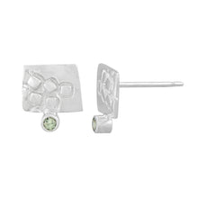 Load image into Gallery viewer, Small rectangular silver stud earrings with square pattern and 2mm Green Sapphires | Imprint Collection | Margo Orlovik
