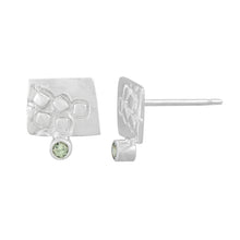 Load image into Gallery viewer, Small rectangular silver stud earrings with square pattern and 2mm Green Sapphires | Imprint Collection | Margo Orlovik