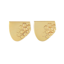Load image into Gallery viewer, Asymmetric half-oval gold plated silver stud earrings with square pattern | Imprint Collection | Margo Orlovik