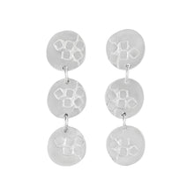 Load image into Gallery viewer, Medium-long silver stud earrings with three round textured elements Matte Finish | Imprint Collection | Margo Orlovik