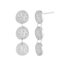 Load image into Gallery viewer, Medium-long silver stud earrings with three round textured elements Matte Finish Side View | Imprint Collection | Margo Orlovik