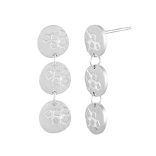 Load image into Gallery viewer, Medium-long silver stud earrings with three round textured elements Polished Finish Side View | Imprint Collection | Margo Orlovik