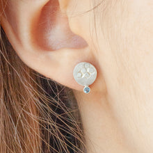Load image into Gallery viewer, BECOMING Silver Stud Earring with Dark Aquamarine on a model | IMPRINT Collection | Margo Orlovik Contemporary Jewellery