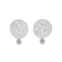 Load image into Gallery viewer, Small round silver stud earrings with square pattern and 2mm green sapphires | Imprint Collection | Margo Orlovik