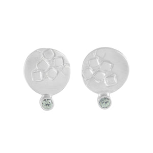 Small round silver stud earrings with square pattern and 2mm green sapphires | Imprint Collection | Margo Orlovik