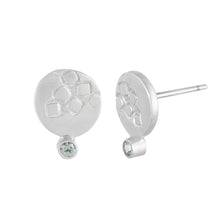 Load image into Gallery viewer, Small round silver stud earrings with square pattern and 2mm green sapphires Side View | Imprint Collection | Margo Orlovik
