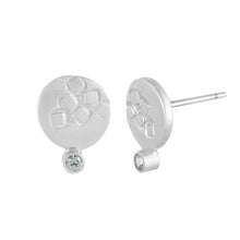 Load image into Gallery viewer, Small round silver stud earrings with square pattern and 2mm green sapphires Side View | Imprint Collection | Margo Orlovik