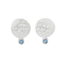 Load image into Gallery viewer, Small round silver stud earrings with square pattern and 2mm dark aquamarines | Imprint Collection | Margo Orlovik