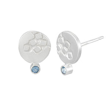Load image into Gallery viewer, Small round silver stud earrings with square pattern and 2mm dark aquamarines Side View | Imprint Collection | Margo Orlovik
