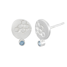 Load image into Gallery viewer, Small round silver stud earrings with square pattern and 2mm dark aquamarines Side View | Imprint Collection | Margo Orlovik