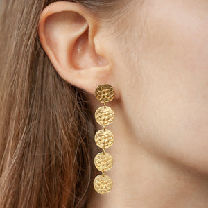 CONTINUUM Long silver stud earrings with five round textured elements ON A MODEL | Imprint Collection | Margo Orlovik