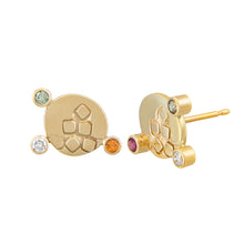 Load image into Gallery viewer, CANON Stud Earrings in 9k gold with diamonds and coloured sapphires with texture on the front | Imprint Collection Margo Orlovik
