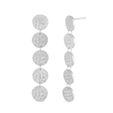 Load image into Gallery viewer, Long silver stud earrings with five round textured elements Side View | Imprint Collection | Margo Orlovik
