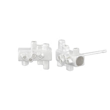 Load image into Gallery viewer, Small square tube geometric silver stud earrings Side View | Colony Collection | Margo Orlovik Contemporary Jewellery
