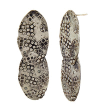 Load image into Gallery viewer, Long darkened silver stud earrings with two textured oval components and green sapphires Side View | Imprint Collection | Margo Orlovik