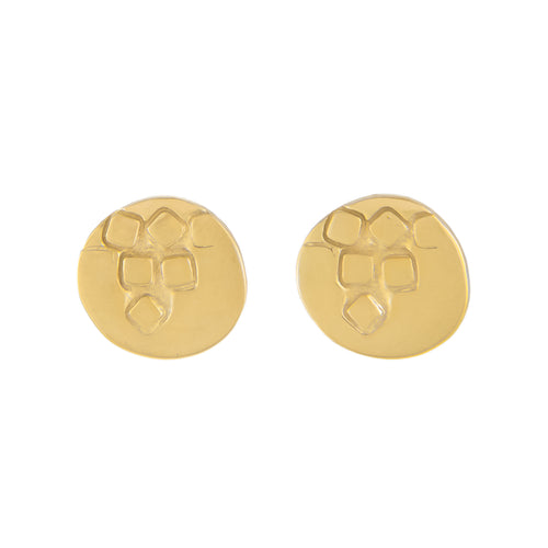 Small gold plated silver round stud earrings with square pattern | Imprint Collection | Margo Orlovik