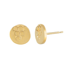 Load image into Gallery viewer, Small gold plated silver round stud earrings with square pattern side view | Imprint Collection | Margo Orlovik