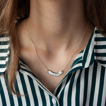 Load image into Gallery viewer, organic silver necklace with square pattern, aquamarine and white sapphire by margo orlovik