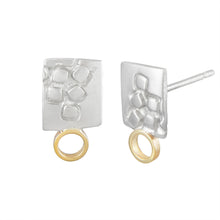 Load image into Gallery viewer, Small rectangular silver stud earrings with square pattern and 9K gold hoops Side View | Imprint Collection | Margo Orlovik