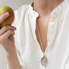 Load image into Gallery viewer, PARAGON III LARGE ORGANIC SILVER PENDANT WITH SIX WHITE SAPPHIRES AND SQUARE PATTERN ON A CHAIN BY MARGO ORLOVIK ON A MODEL