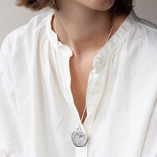 Load image into Gallery viewer, PARAGON III LARGE ORGANIC SILVER PENDANT WITH SIX WHITE SAPPHIRES AND SQUARE PATTERN ON A CHAIN BY MARGO ORLOVIK ON A MODEL