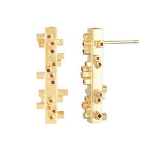 Load image into Gallery viewer, Medium length square tube stud earrings in gold vermeil side view Colony Collection Margo Orlovik Contemporary Jewellery