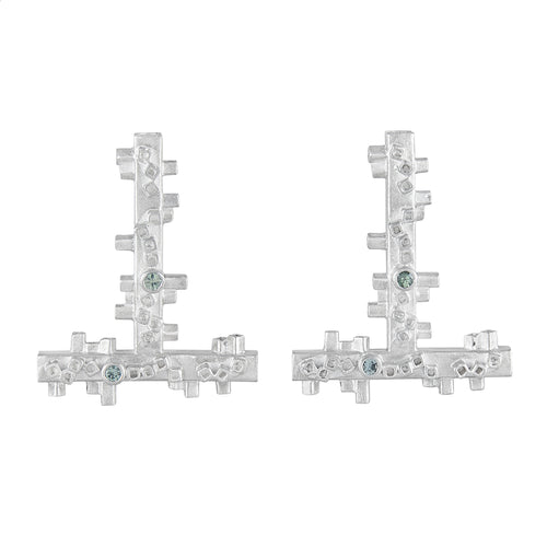 Large geometric silver earrings: square tube shapes and green sapphires | Colony Collection | Margo Orlovik Contemporary Jewellery