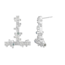 Load image into Gallery viewer, Large geometric silver earrings: square tube shapes and green sapphires side view | Colony Collection | Margo Orlovik Contemporary Jewellery
