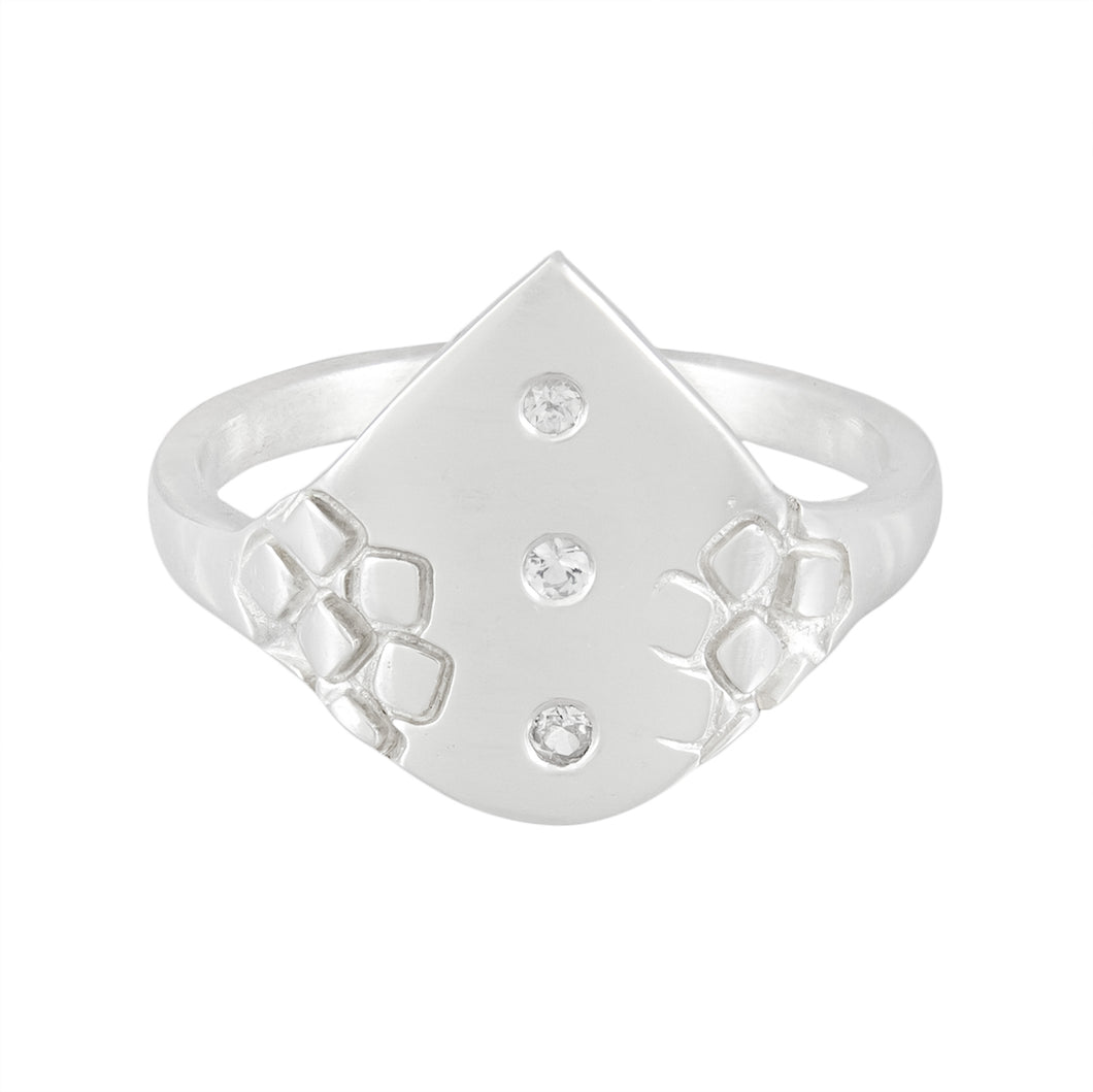 Delicate textured silver ring with white sapphires on triangular front panel, unique, one-off | Imprint Collection | Margo Orlovik