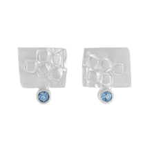 Load image into Gallery viewer, Small rectangular silver stud earrings with square pattern and 2mm AAAA aquamarines | Imprint Collection | Margo Orlovik
