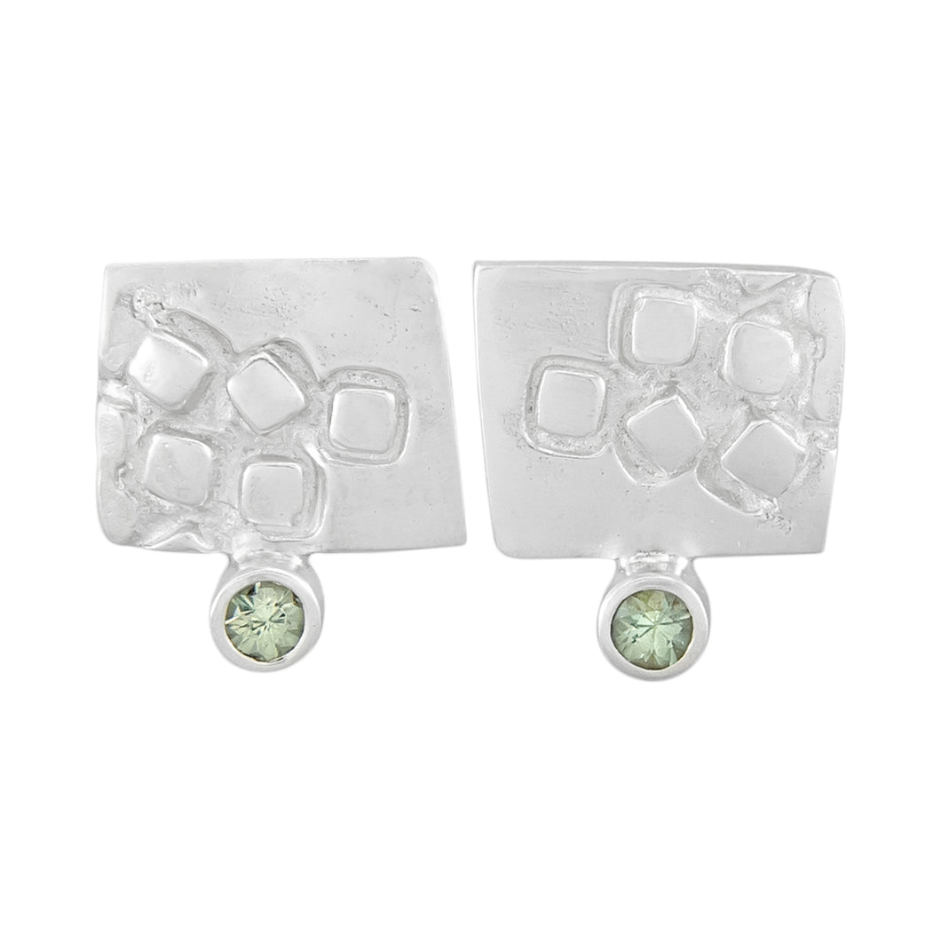 Small rectangular silver stud earrings with square pattern and 2mm Green Sapphires | Imprint Collection | Margo Orlovik