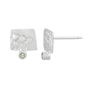 Small rectangular silver stud earrings with square pattern and 2mm Green Sapphires | Imprint Collection | Margo Orlovik