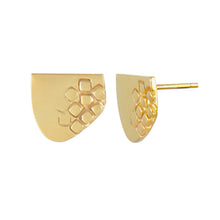 Load image into Gallery viewer, Asymmetric half-oval gold plated silver stud earrings with square pattern side view | Imprint Collection | Margo Orlovik
