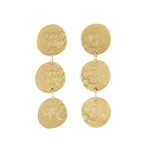 Medium-long stud earrings with three round textured elements in gold plated silver | Imprint Collection | Margo Orlovik