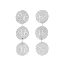Load image into Gallery viewer, Medium-long silver stud earrings with three round textured elements Matte Finish | Imprint Collection | Margo Orlovik
