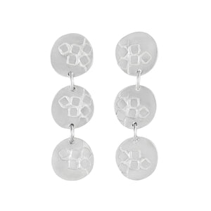 Medium-long silver stud earrings with three round textured elements Matte Finish | Imprint Collection | Margo Orlovik