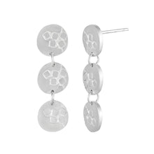 Load image into Gallery viewer, Medium-long silver stud earrings with three round textured elements Matte Finish Side View | Imprint Collection | Margo Orlovik
