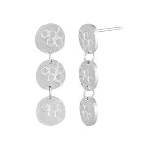 Medium-long silver stud earrings with three round textured elements Matte Finish Side View | Imprint Collection | Margo Orlovik