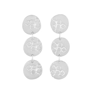 Medium-long silver stud earrings with three round textured elements Polished Finish | Imprint Collection | Margo Orlovik