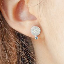 Load image into Gallery viewer, BECOMING Silver Stud Earring with Dark Aquamarine on a model | IMPRINT Collection | Margo Orlovik Contemporary Jewellery
