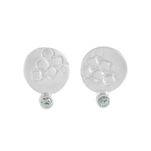 Load image into Gallery viewer, Small round silver stud earrings with square pattern and 2mm green sapphires | Imprint Collection | Margo Orlovik
