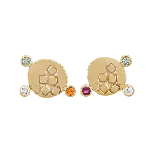 CANON Stud Earrings in 9k gold with diamonds and coloured sapphires with texture on the front | Imprint Collection Margo Orlovik