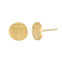 Load image into Gallery viewer, Small gold plated silver round stud earrings with square pattern side view | Imprint Collection | Margo Orlovik
