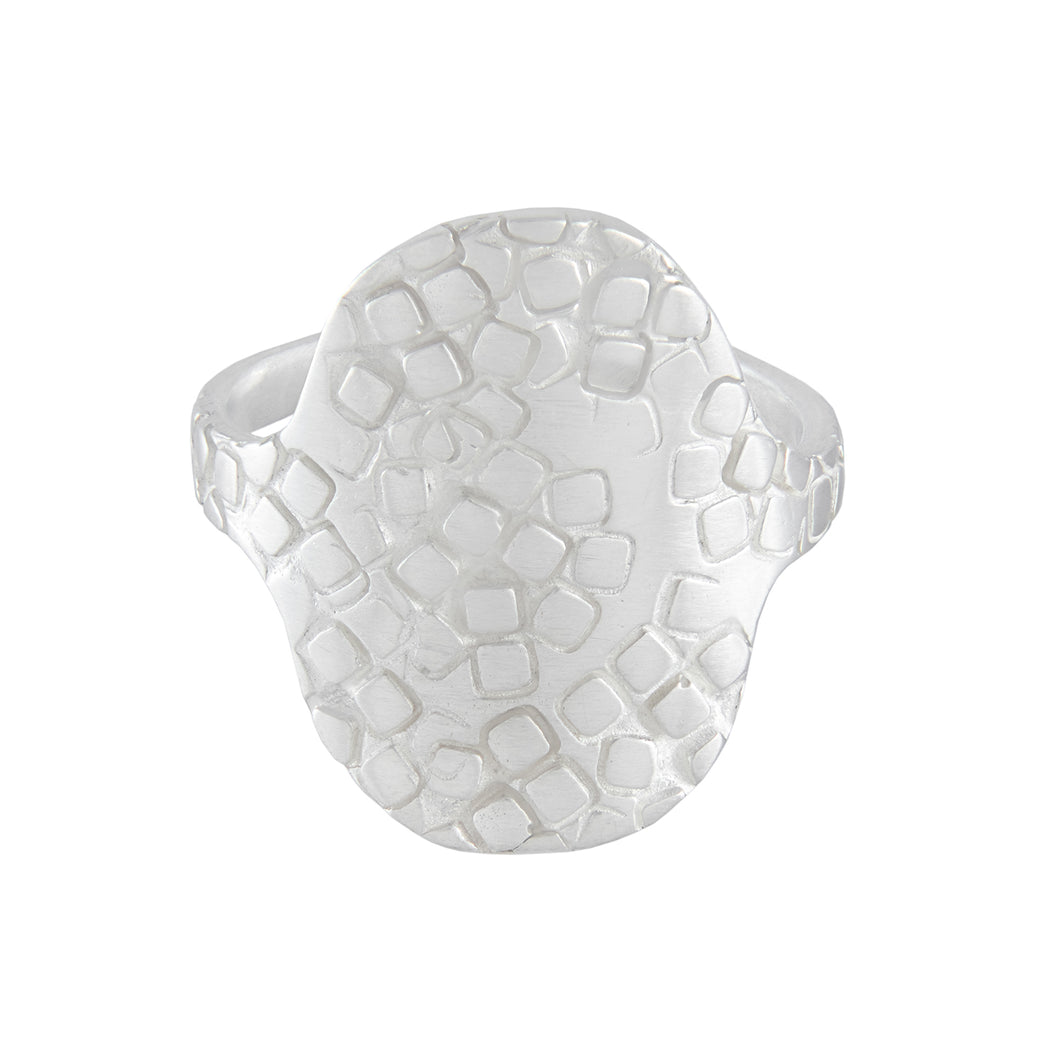 Large silver oval shield signet ring with square texture at the front | Imprint Collection | Margo Orlovik